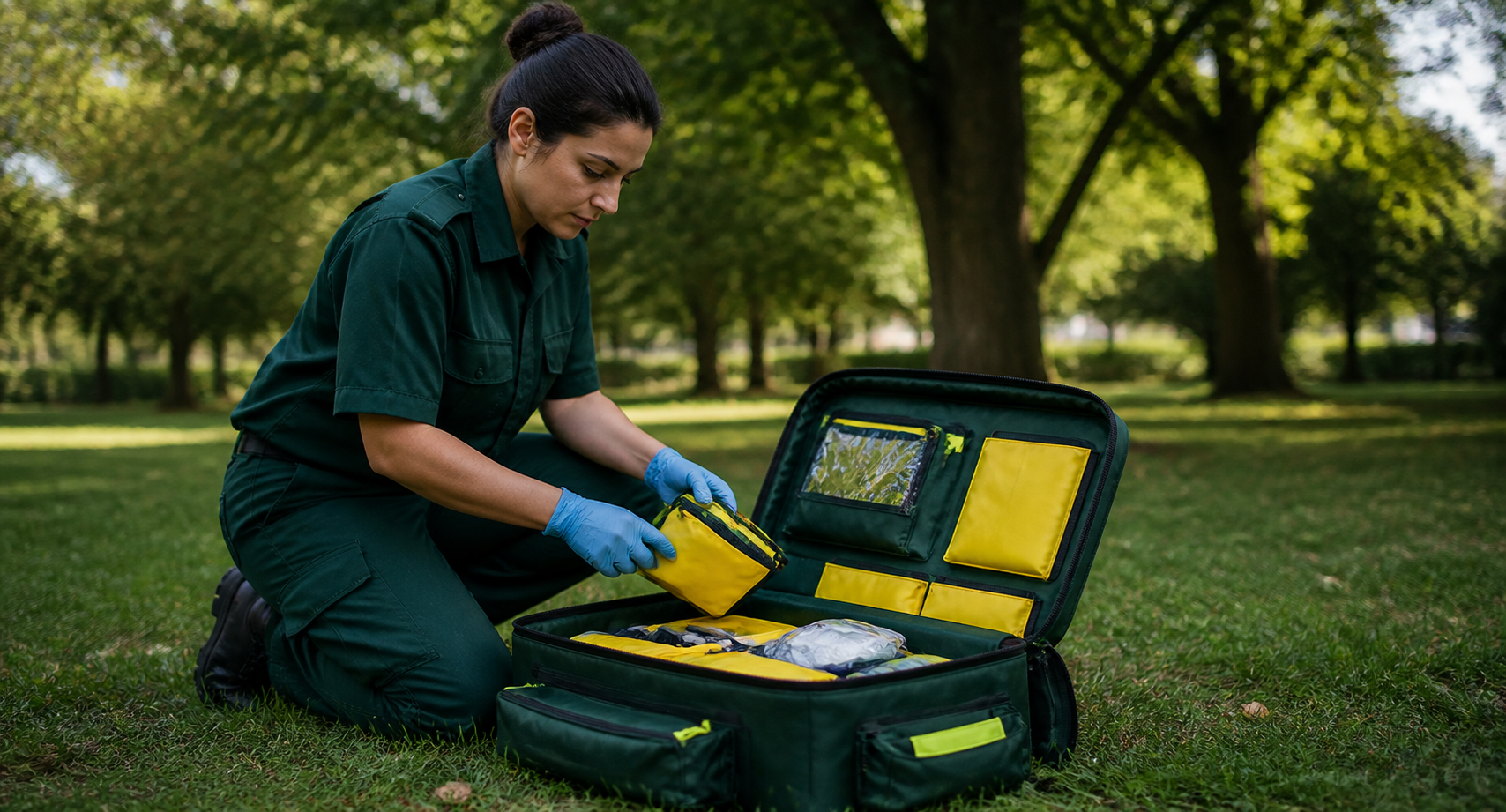 Community first responder preparing emergency equipment